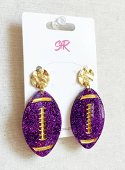 Purple Glitter Football with Gold Laces Earring