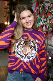 Purple & Orange Licensed Tiger Face Long Sleeve Sweater