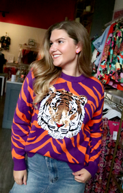 Purple & Orange Licensed Tiger Face Long Sleeve Sweater