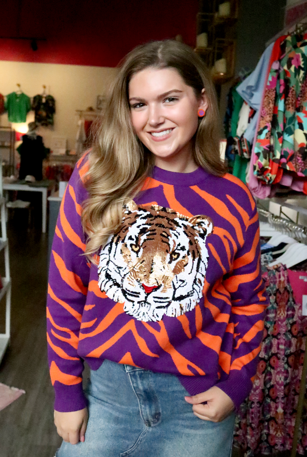 Purple & Orange Licensed Tiger Face Long Sleeve Sweater