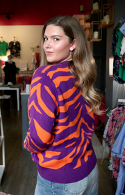 Purple & Orange Licensed Tiger Face Long Sleeve Sweater