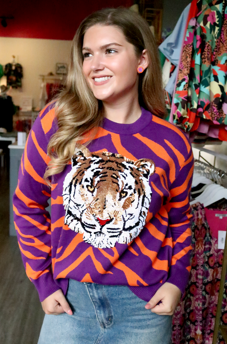 Purple & Orange Licensed Tiger Face Long Sleeve Sweater