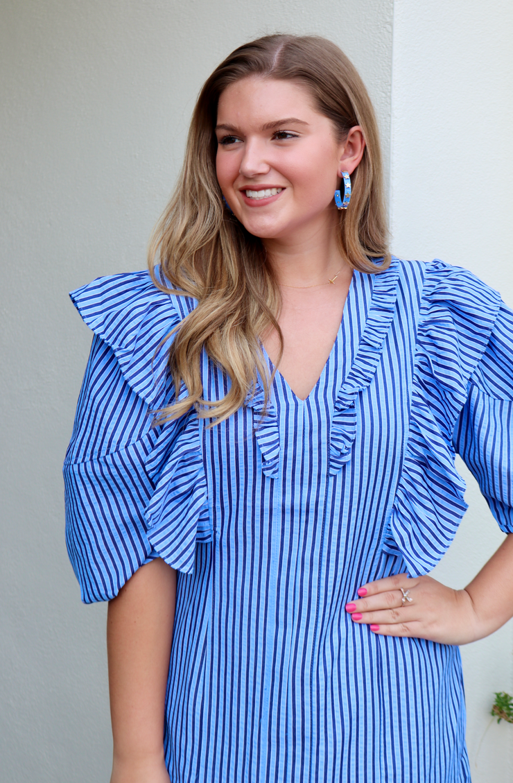 Molly Ruffle Dress | Blue Stripe