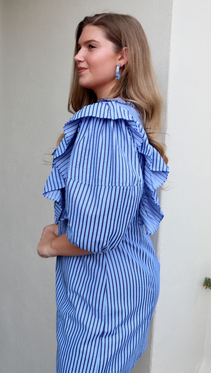 Molly Ruffle Dress | Blue Stripe