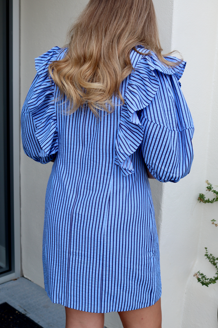 Molly Ruffle Dress | Blue Stripe