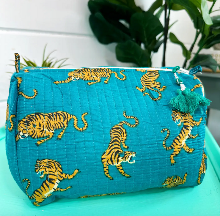 Quilted Cosmetic Bag | Teal Tiger