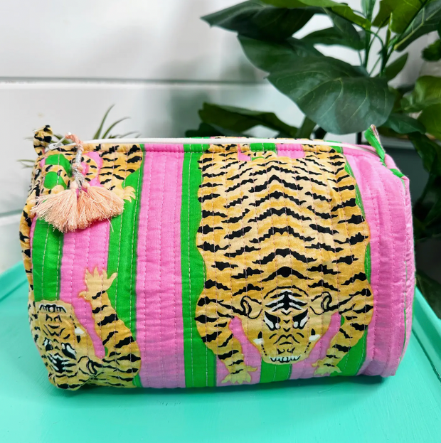 Quilted Cosmetic Bag | Pink Green Tiger