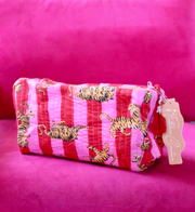 Quilted Cosmetic Bag | Red Pink Stripe Tigers