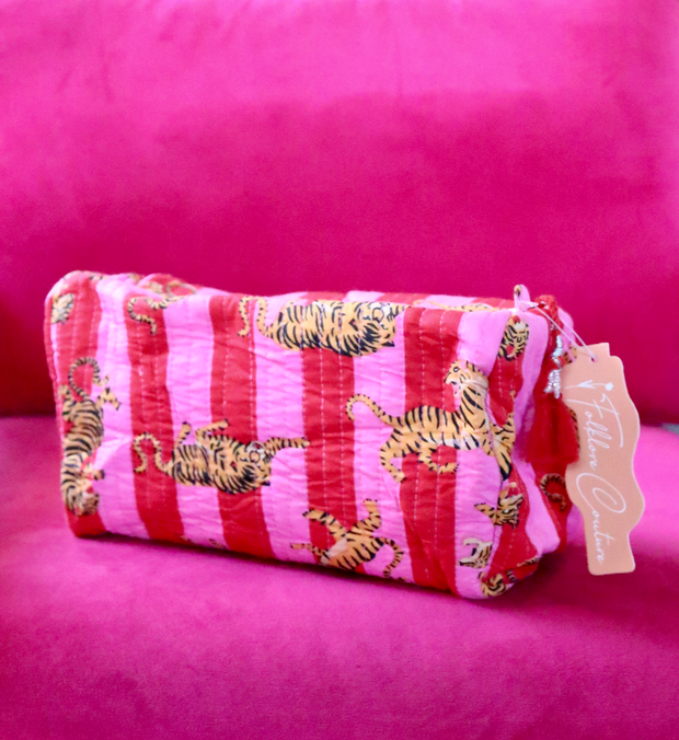 Quilted Cosmetic Bag | Red Pink Stripe Tigers