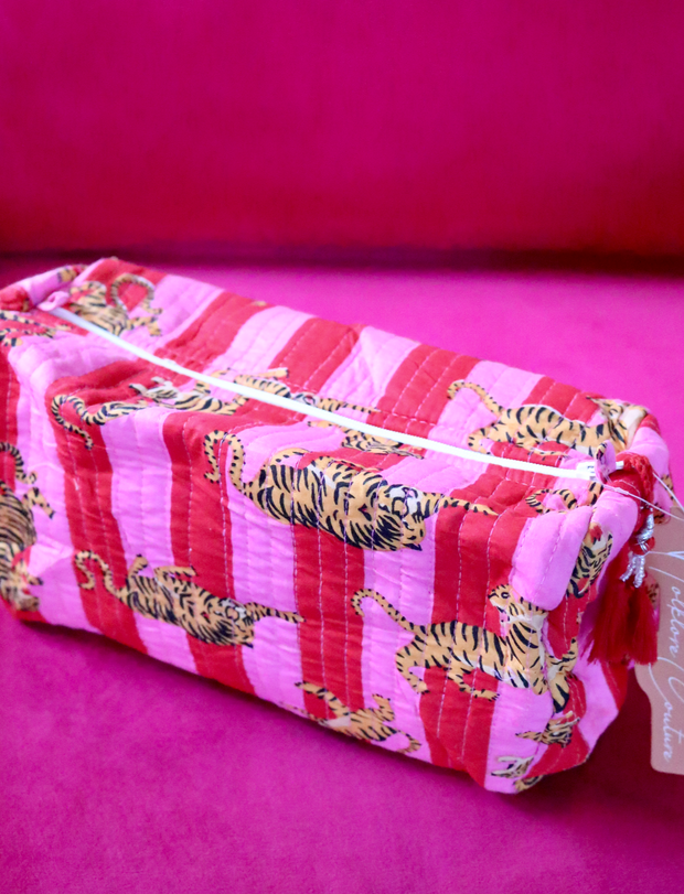 Quilted Cosmetic Bag | Red Pink Stripe Tigers