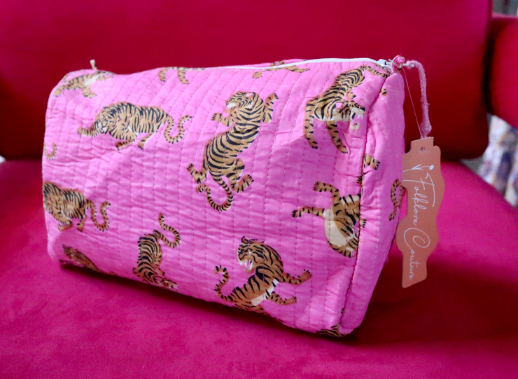 Quilted Cosmetic Bag | Bright Pink Tigers