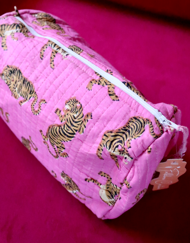 Quilted Cosmetic Bag | Bright Pink Tigers