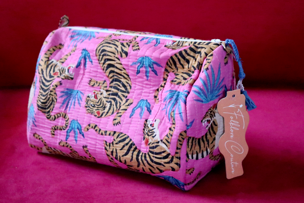 Quilted Cosmetic Bag | Pink & Blue Tigers