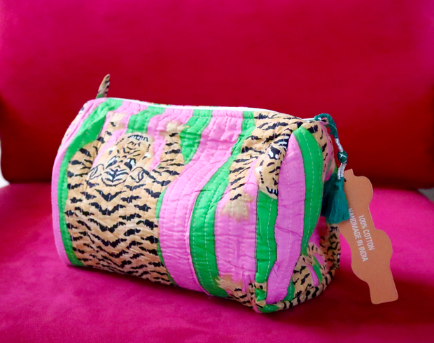 Quilted Cosmetic Bag | Pink Green Tiger