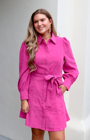 Bec Belted Corduroy Dress | Cerise