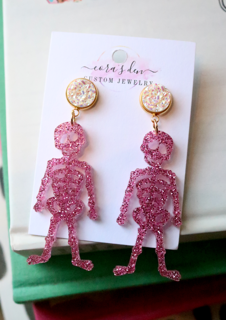 Pink Glitter Skeleton Earrings