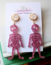 Pink Glitter Skeleton Earrings