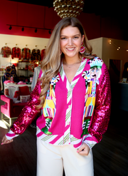 Hot Pink Peppermint Nutcracker Sequin Sleeve Cardigan