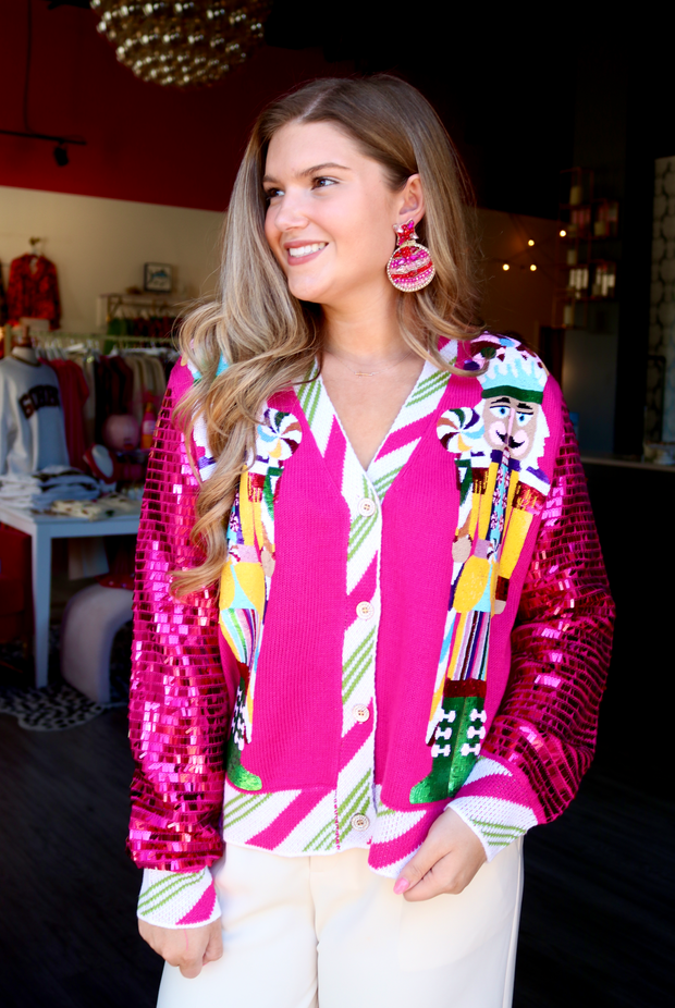 Hot Pink Peppermint Nutcracker Sequin Sleeve Cardigan