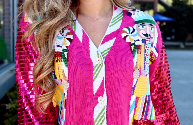 Hot Pink Peppermint Nutcracker Sequin Sleeve Cardigan