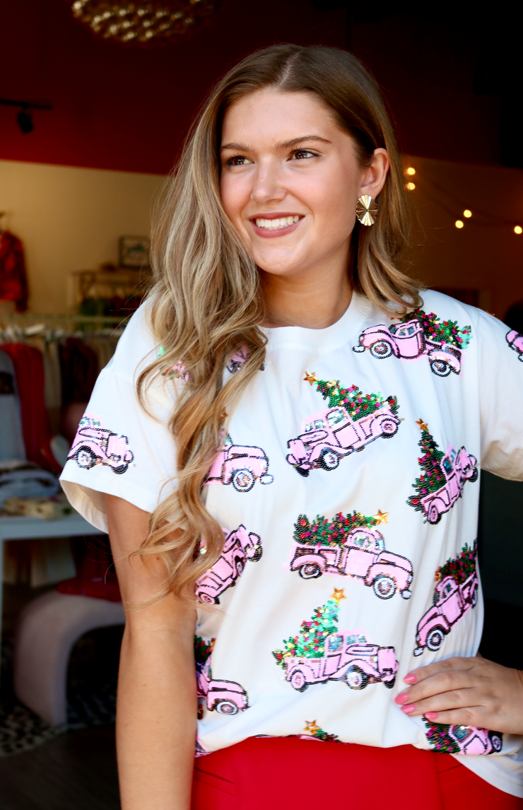 White Trucks with Christmas Trees Tee | Light Pink