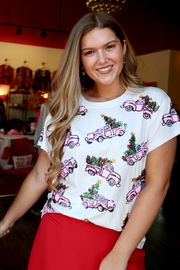 White Trucks with Christmas Trees Tee | Light Pink