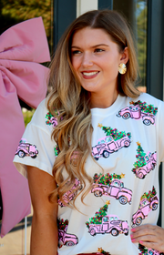 White Trucks with Christmas Trees Tee | Light Pink