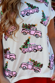 White Trucks with Christmas Trees Tee | Light Pink