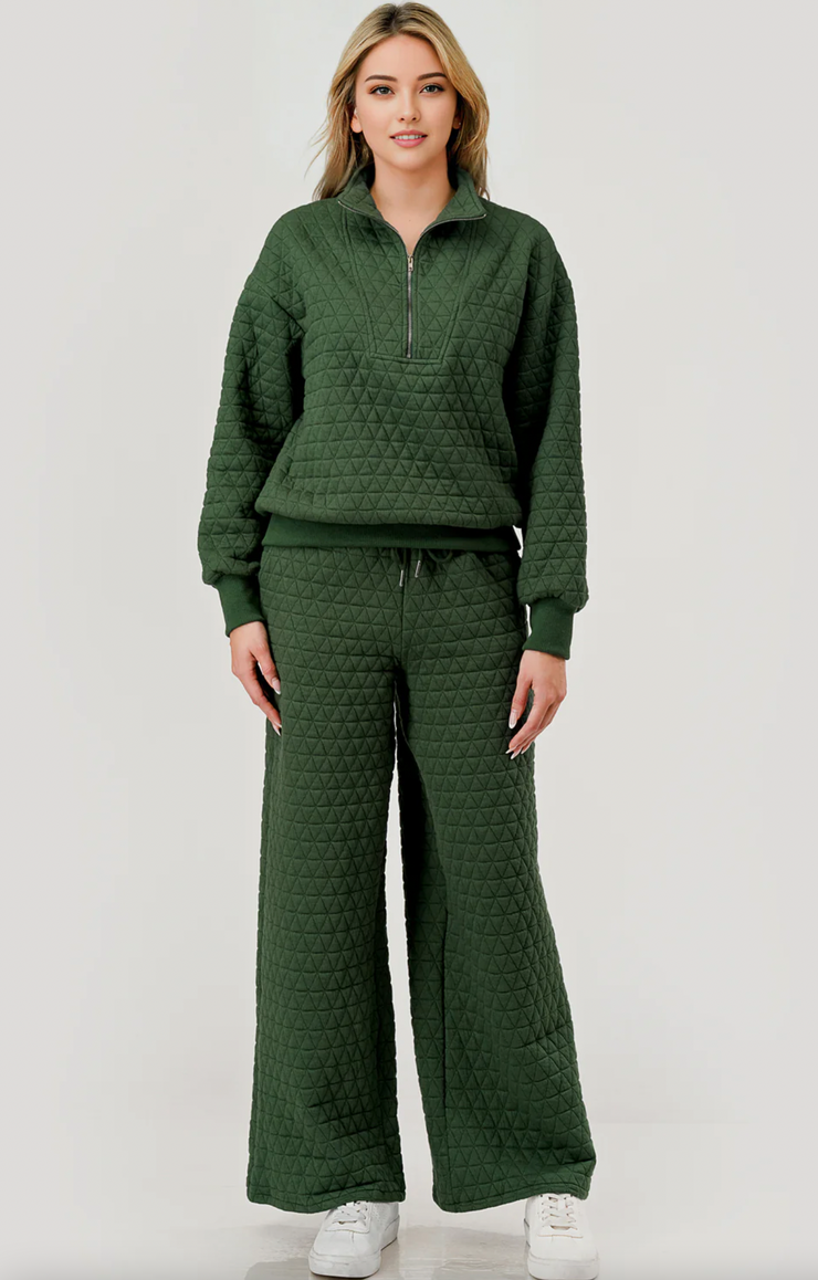 Quilted Zip 2Pc Top + Pant Set | FERN GREEN