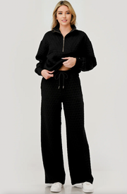 Quilted Zip 2Pc Top + Pant Set | BLACK