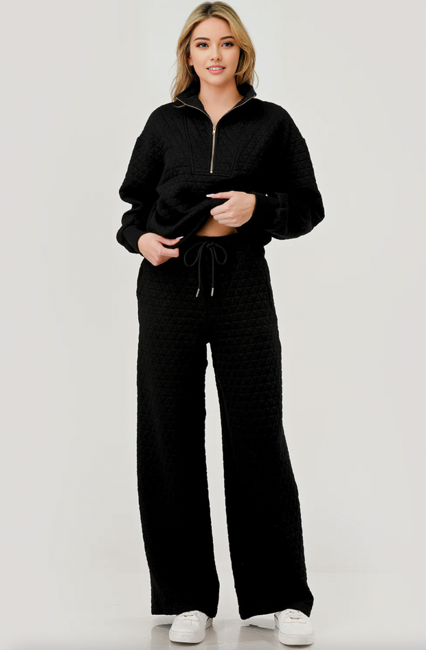 Quilted Zip 2Pc Top + Pant Set | BLACK