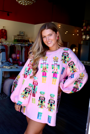 Nutcracker Balloon Sleeve Sweatshirt Dress | Light Pink