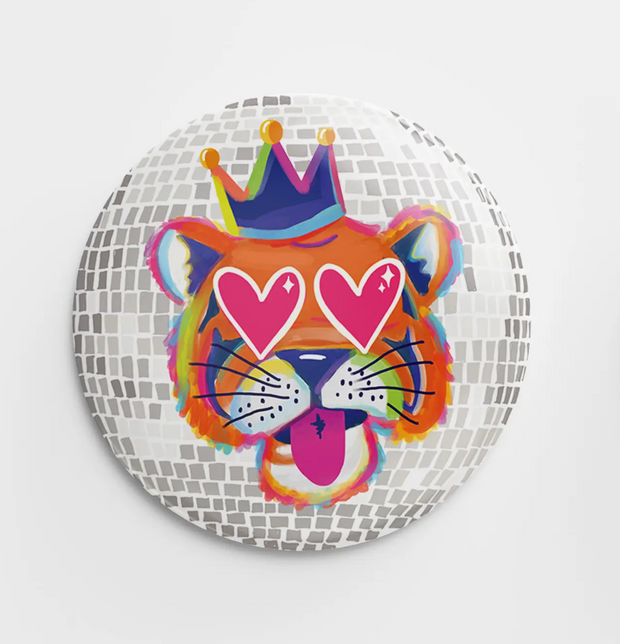 Heart-Eyed Disco Tiger with Crown Button