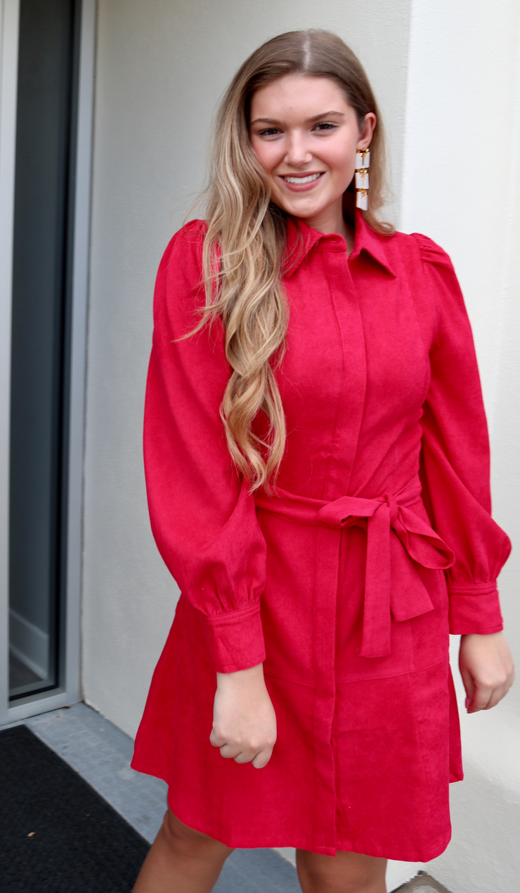 Bec Belted Corduroy Dress | Red