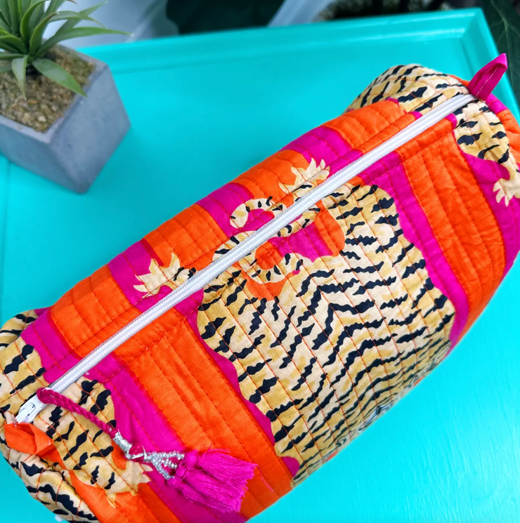 Quilted Cosmetic Bag | Pink & Orange Tigers