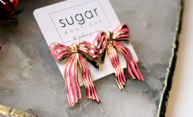 Pink Stripe Holiday Bow Earring