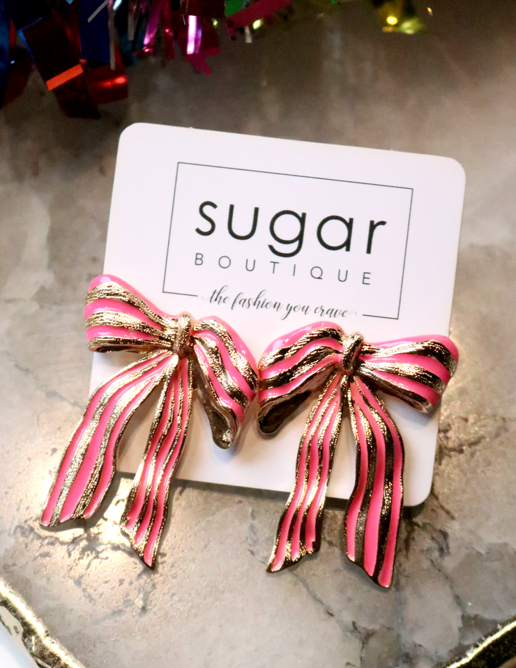 Pink Stripe Holiday Bow Earring