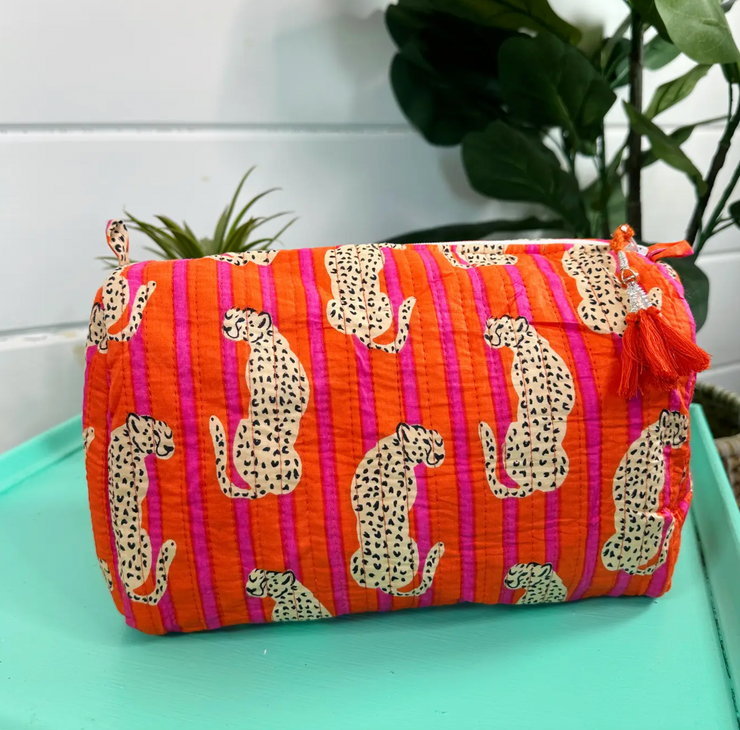 Quilted Cosmetic Bag | Pink & Orange Jaguar