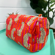 Quilted Cosmetic Bag | Pink & Orange Jaguar