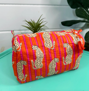 Quilted Cosmetic Bag | Pink & Orange Jaguar