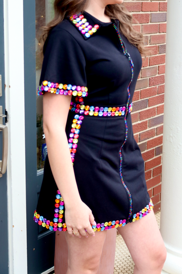 Black Rainbow Jewel Zip Up Dress