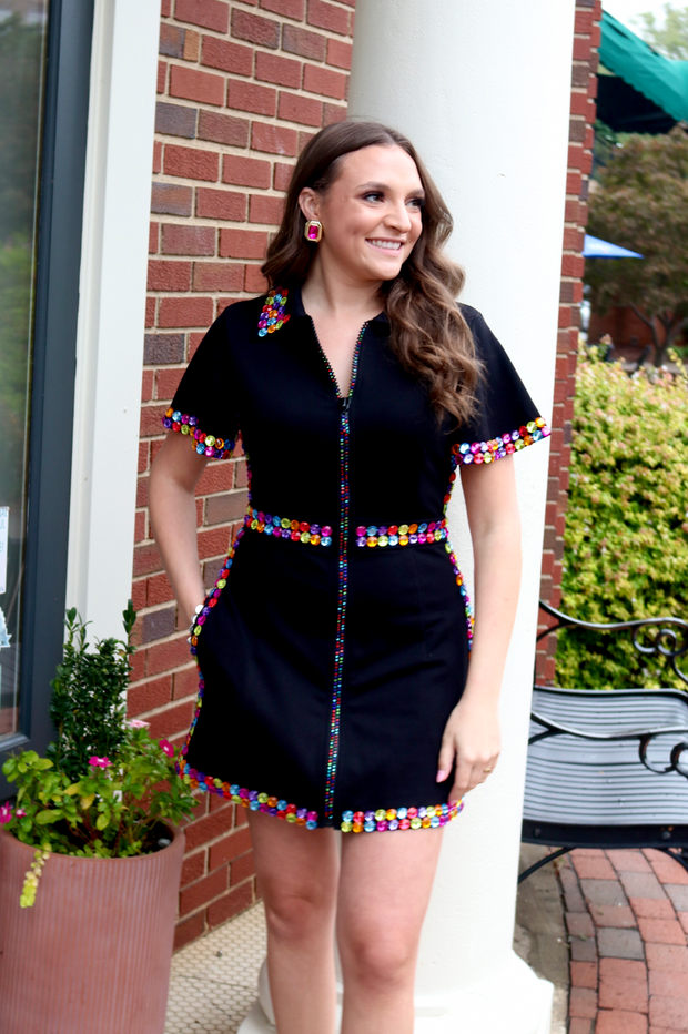 Black Rainbow Jewel Zip Up Dress