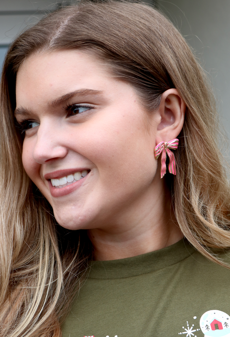 Pink Stripe Holiday Bow Earring