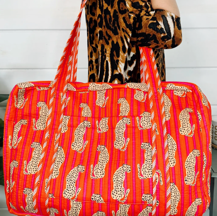 Quilted Duffle Overnight Bag | JAGUAR Pink + Orange Stripe