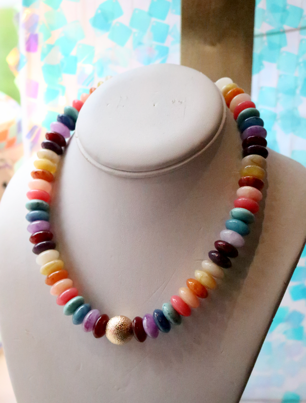 Rainbow Beaded Necklace with Gold Accent | Dark Rainbow