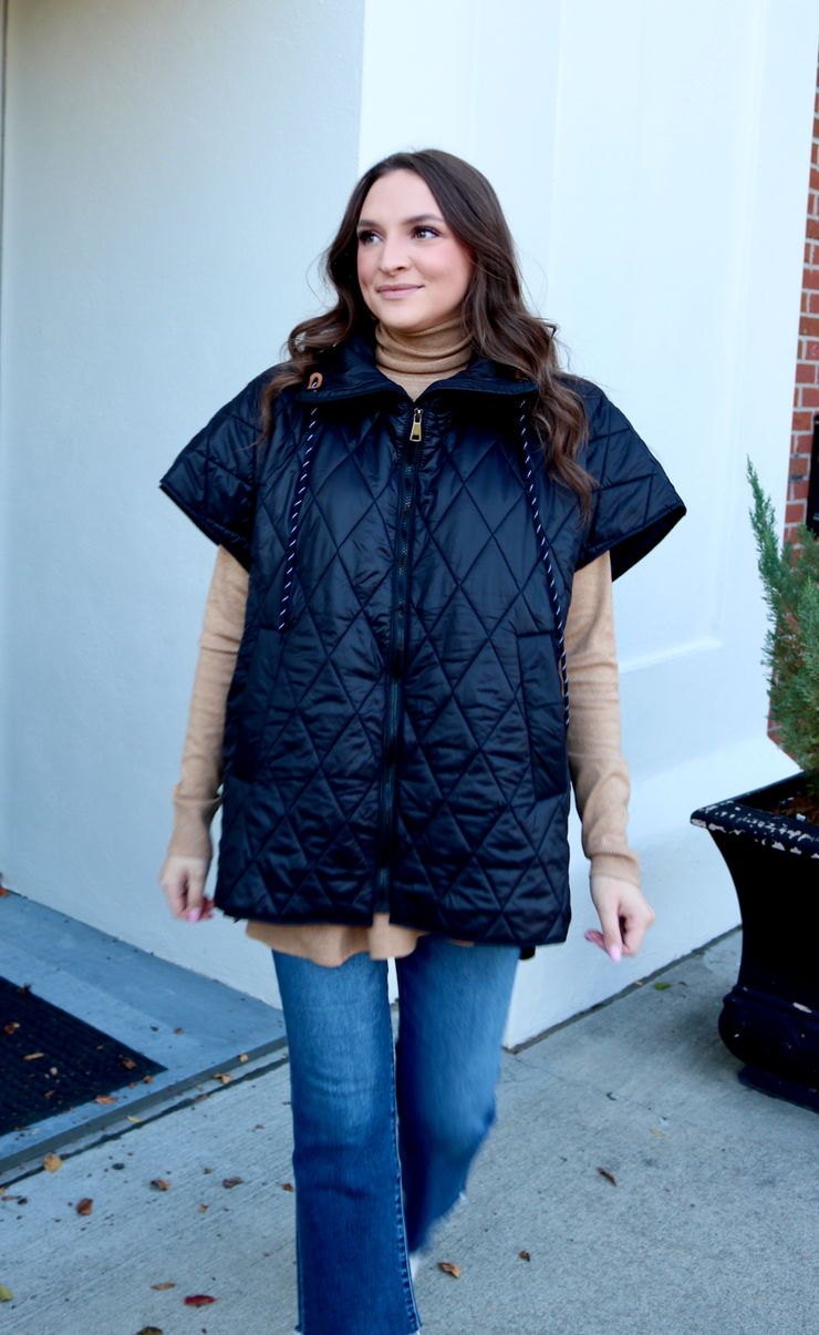 Quilted Cape Vest Poncho | Black