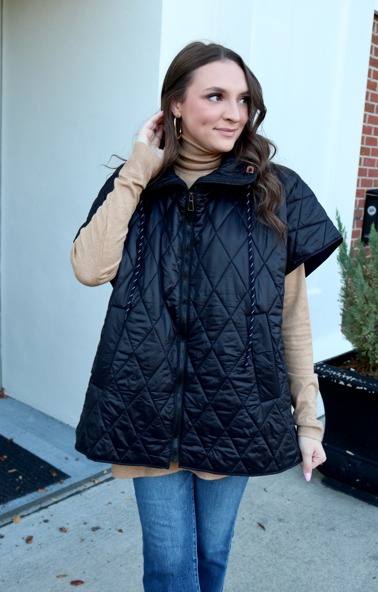 Quilted Cape Vest Poncho | Black