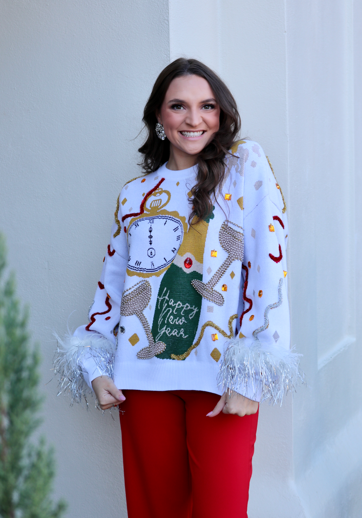 White Oversized Champagne Popping Sweater with Feathers