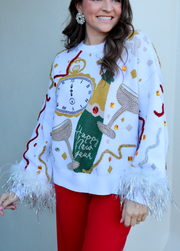 White Oversized Champagne Popping Sweater with Feathers