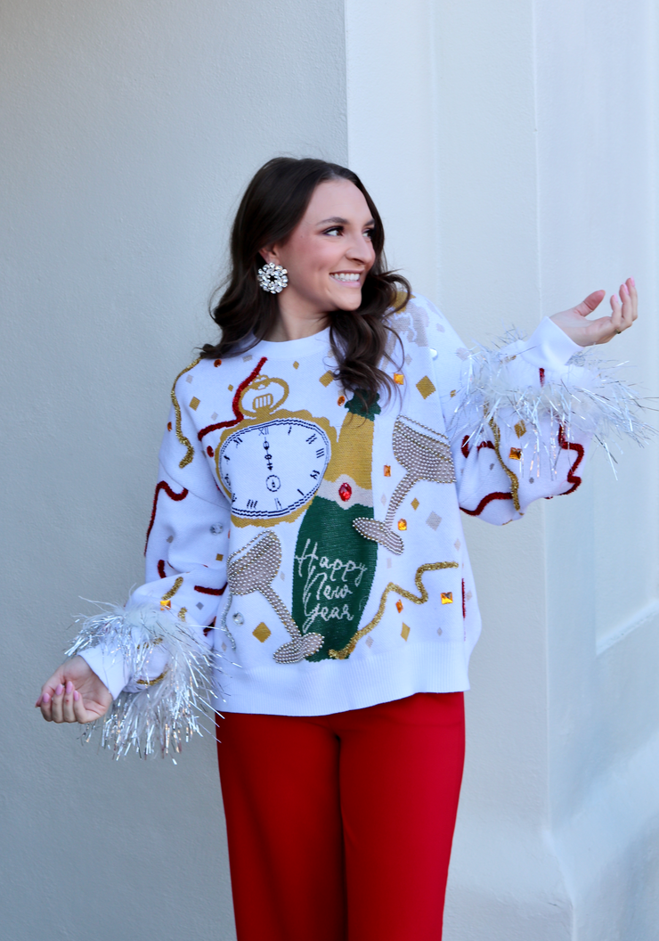 White Oversized Champagne Popping Sweater with Feathers